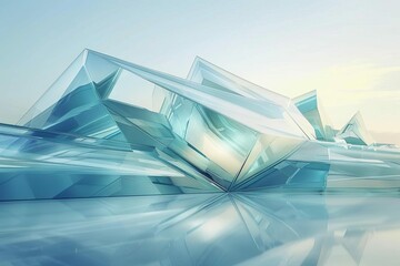 Fototapeta na wymiar Futuristic abstract glass architectural structures, 3D render of modern geometric shapes and forms