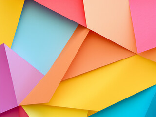 Paper background showcases material design in yellow, blue, pink, and green.