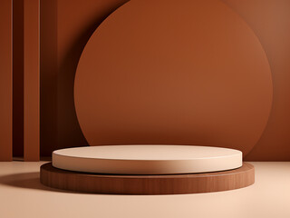 Brown background podium showcases minimal abstract geometric design.