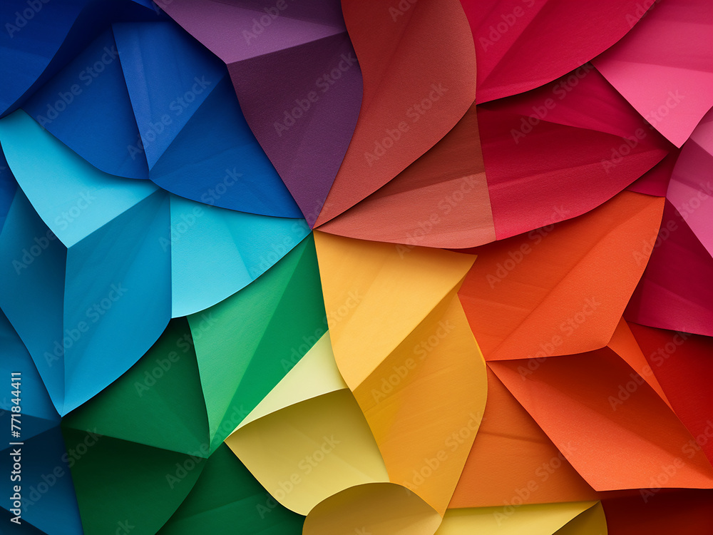 Poster top-down view of diverse colored paper forms a multicolor backdrop.