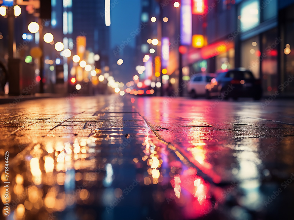 Poster city streets dazzle with an array of multicolored bokeh lights at night.