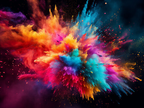 Vibrant powder explosion creates a colorful abstract backdrop.