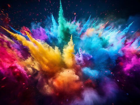 Explosive burst of colorful powder for festive abstract backgrounds.