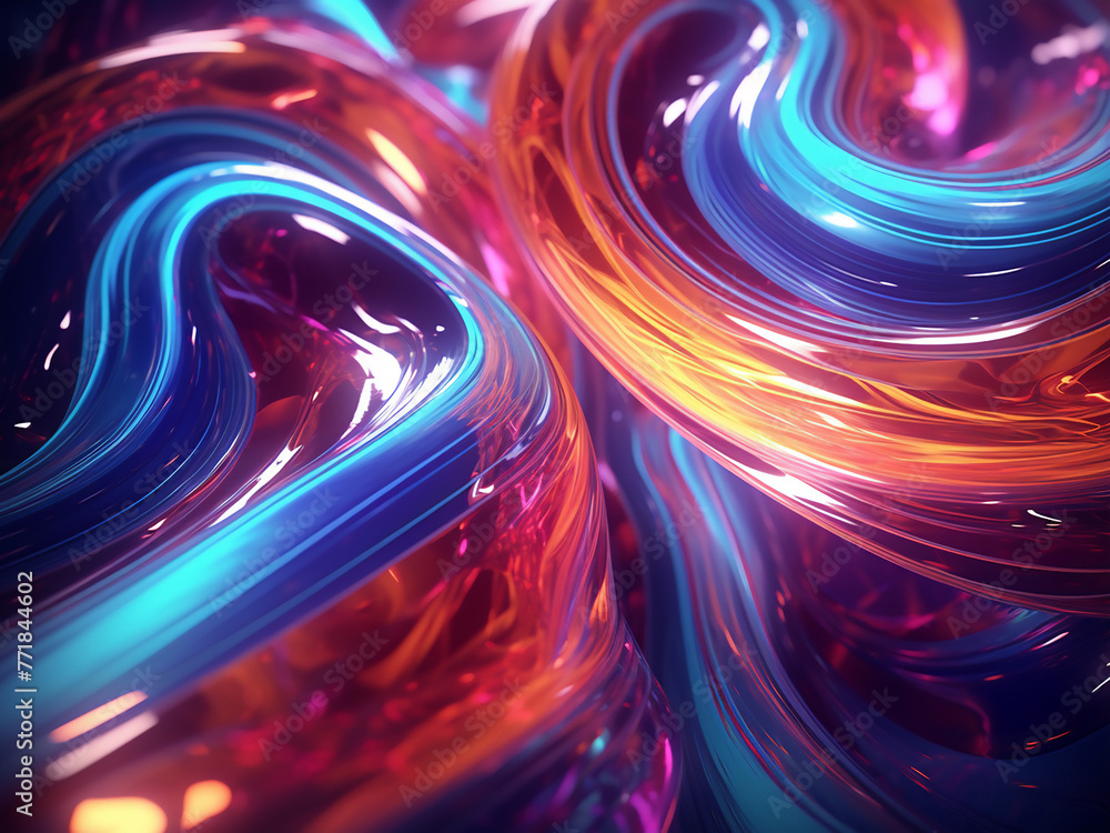 Poster twisted neon lines form a cosmic vortex on a glossy surface.