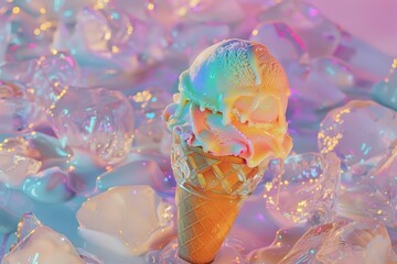 White ice creams cones with a balls of vanilla ice cream on top surrounded ice in holographic background