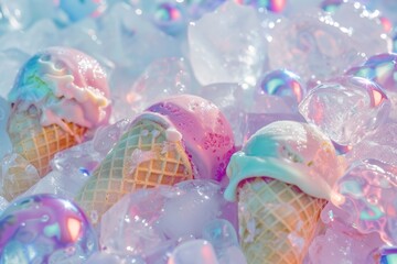 Some white ice creams cones with a balls of vanilla and strawberry ice cream on top lying in a bed of ice