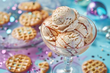 Fototapeta premium A glass bowl of vanilla ice cream balls surrounded by cookies in pink and blue background with purpurin
