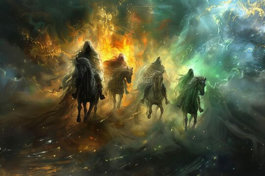Four Horsemen of the Apocalypse, Book of Revelation, biblical prophecy, disease and death, mystical particles, digital fantasy painting