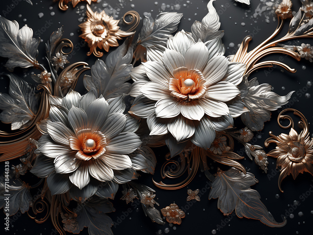 Poster wallpaper features intricate floral pattern with ai-generated metallic elements.