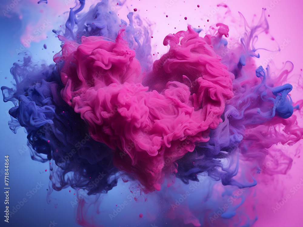 Poster ink splashes and vapor clouds form a heart shape design.