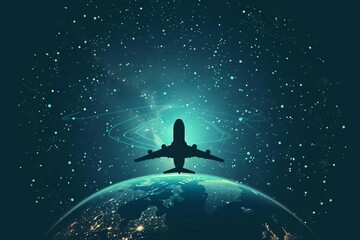 Obraz na płótnie Canvas Flying airplane icon orbiting planet Earth, global travel concept illustration