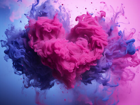 Ink splashes and vapor clouds form a heart shape design.