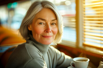 A woman with gray hair is sitting in a booth with a cup of coffee