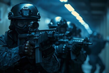 A SWAT team raiding a criminal hideout
