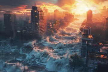 Flooding city with turbulent waters from tsunami, final biblical events of Revelation book illustration, natural disaster concept art - obrazy, fototapety, plakaty