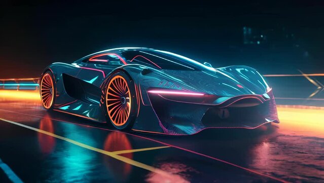Modern beautiful fast race car sports car is driving fast on the night road with neon rays road