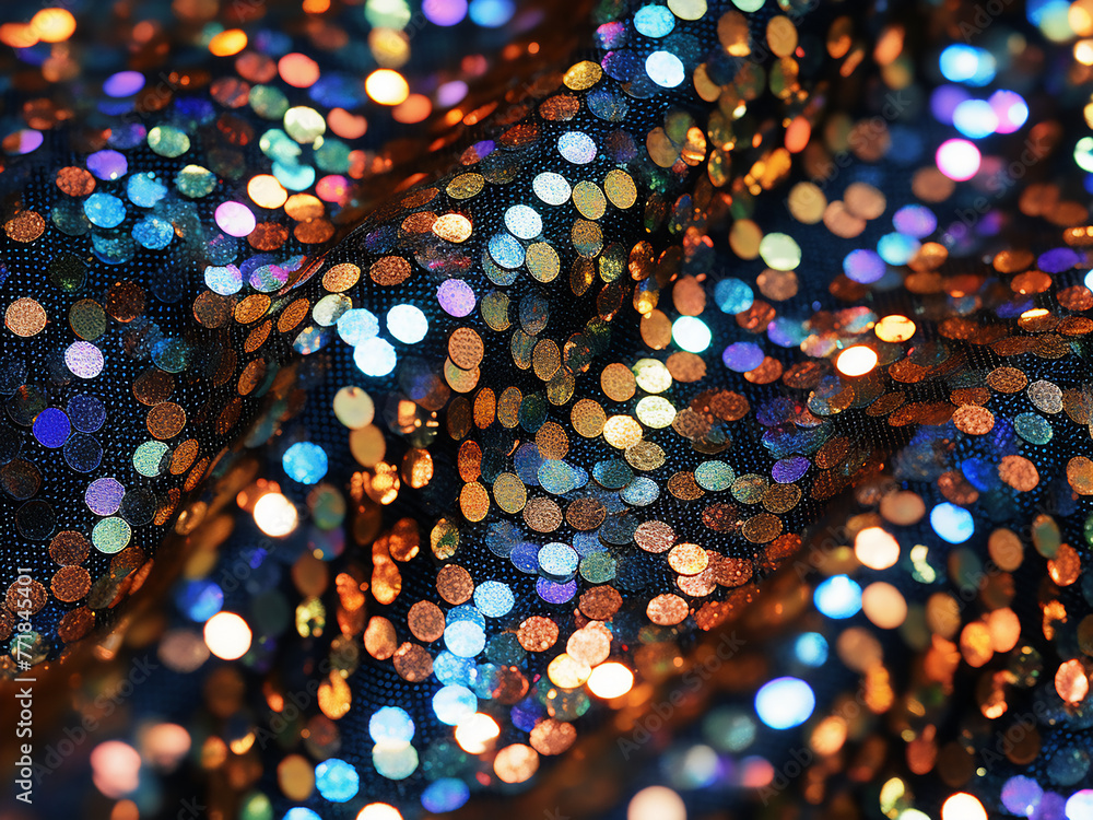Poster fabric texture adorned with sequins and vibrant colors.