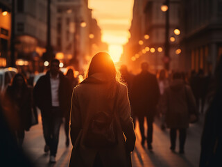 Blurred image captures people in beautiful sunset light. - obrazy, fototapety, plakaty