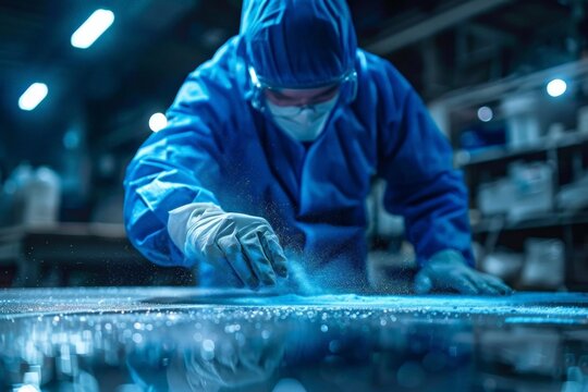 A crime scene investigator dusting for fingerprints