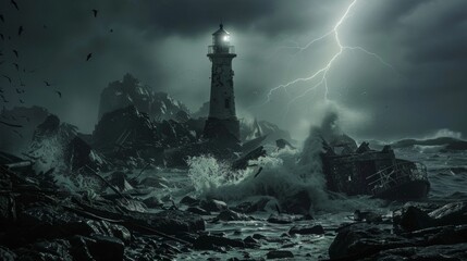 Lighthouse at storm in ocean - obrazy, fototapety, plakaty