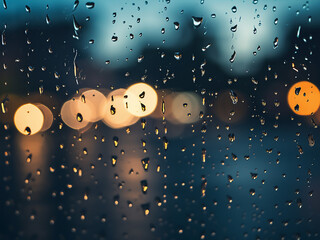 Nighttime ambiance: Close-up of raindrops on a window against the night.