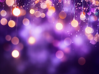 Festive ambiance: Close-up of purple background adorned with multicolored Christmas lights.