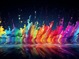 Vibrant backdrop: Rainbow linear paint splatter creates dynamic background.