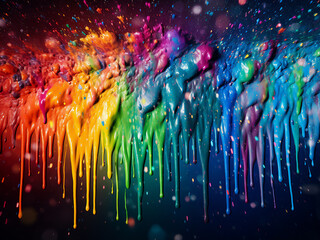 Colorful display: Rainbow linear paint splatter decorates the background.