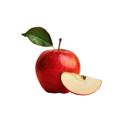 a red apple with a green leaf and a slice of apple on a transparent background