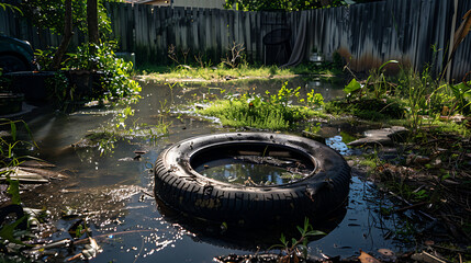 Abandoned tire filled with stagnant water, potential breeding sites of mosquito larvae. Dengue awareness - obrazy, fototapety, plakaty