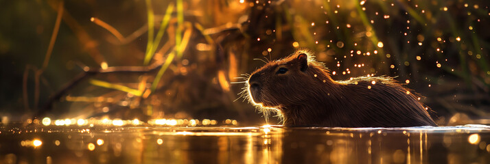 capybara swimming in a river at sunset