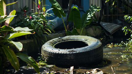 Abandoned tire filled with stagnant water, potential breeding sites of mosquito larvae. Dengue awareness