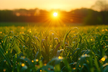 Beautiful meadow field with fresh grass on blurred background with sunbeams and lights. Pasture grass. Pastoral scenery. Agricultural rural landscape in the summer or spring time