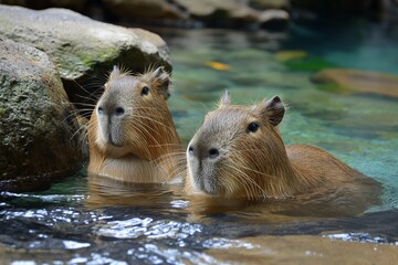 two capybara relaxing in a hot spring