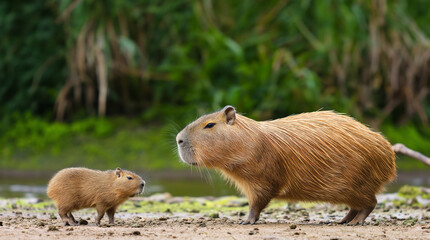 capybara mom and child