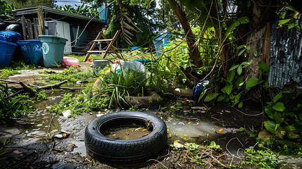 Abandoned tire filled with stagnant water, potential breeding sites of mosquito larvae. Dengue awareness