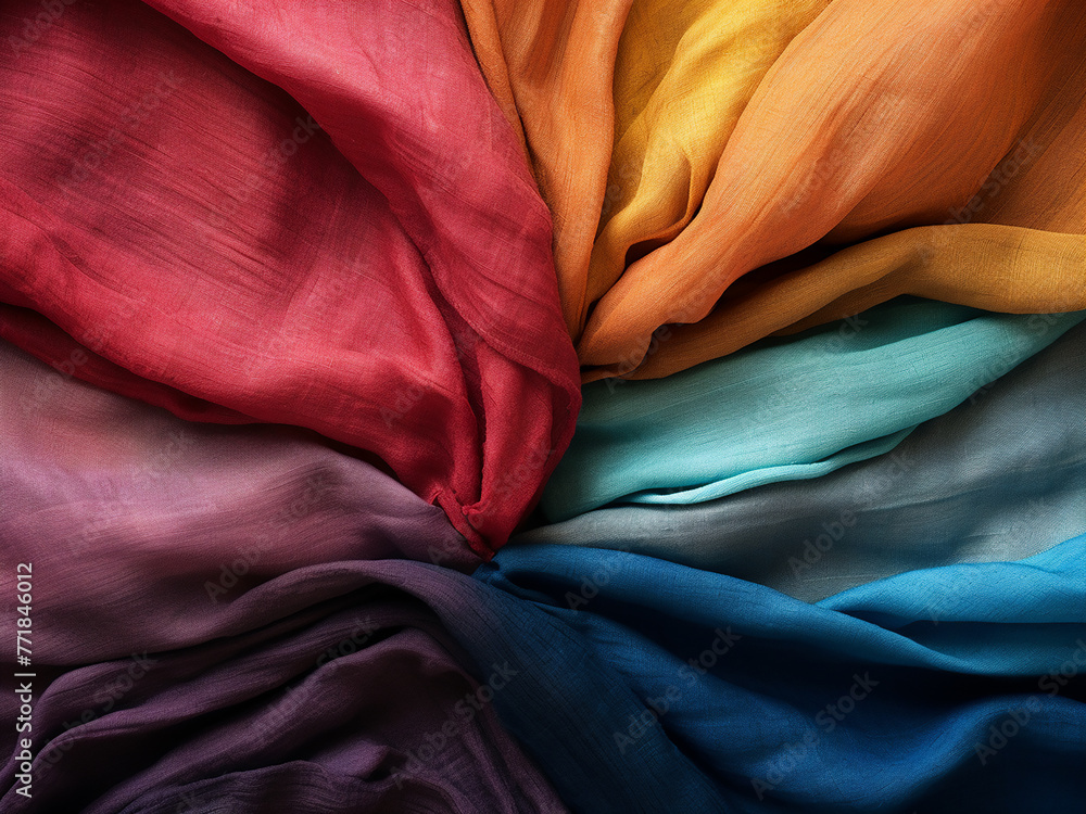 Poster multicolor fabrics combine to create a rough silk textured backdrop.
