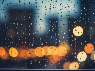 Raindrops on window glass against bokeh city lights create a seasonal scene.