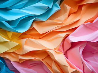 Abstract background features layered sheets of colored paper.