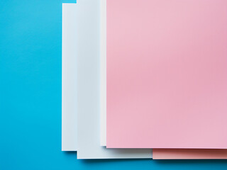 Blue, white, and light blue paper sheets on pink backdrop.