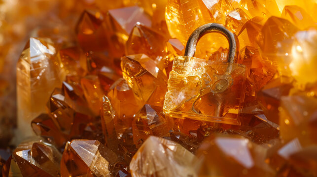 Orange agate crystal with quartz padlock embedded, closeup, macro shot