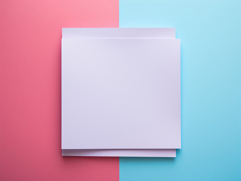 Top view of blue and white square paper on pink background.