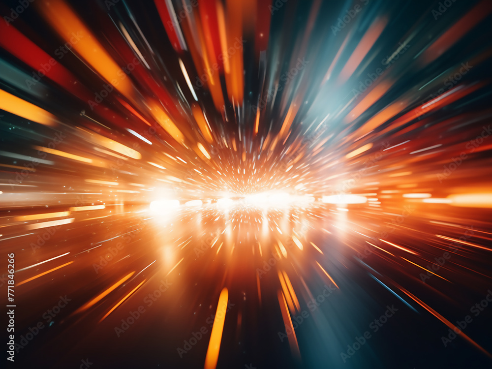 Poster bokeh lights suggest swift motion in the abstract backdrop.