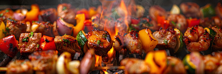 Flaming Grill Packed with Sizziling Kabobs Invoking Delightful Barbeque Vibes