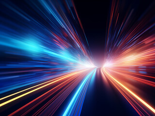 Neon lights convey motion in futuristic 3D rendering.