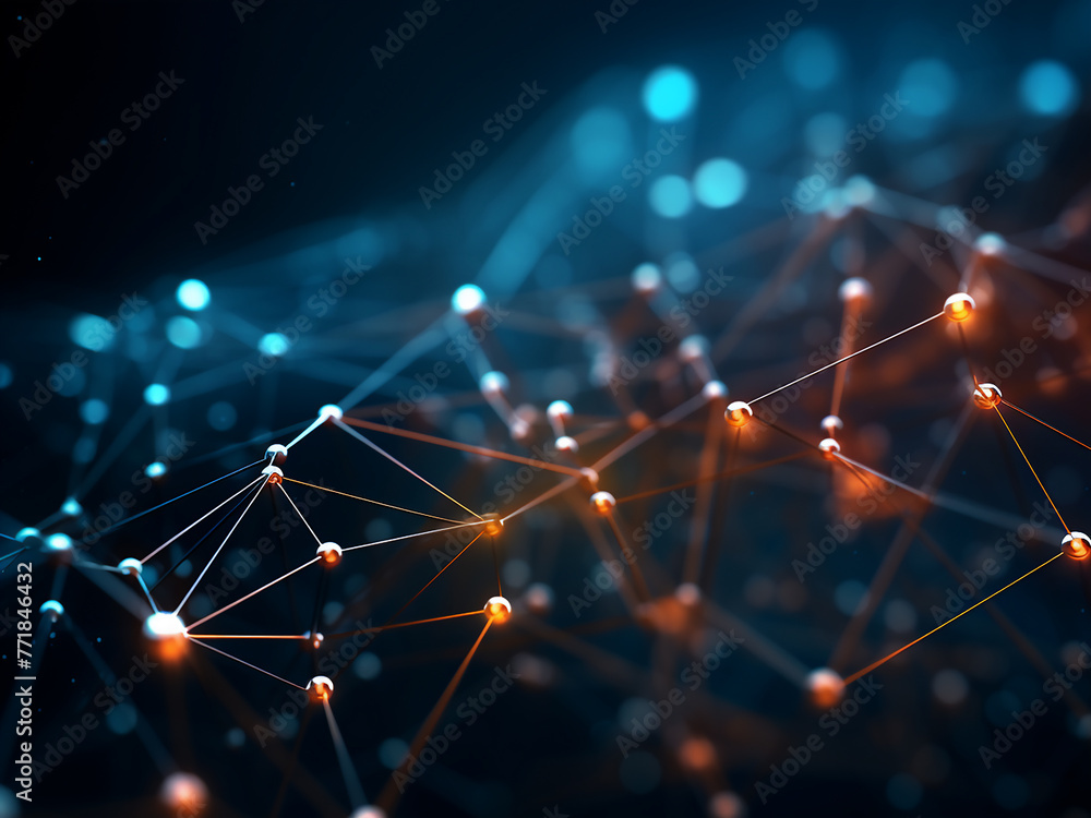 Poster geometrical background illustrates network concept with dots and lines.