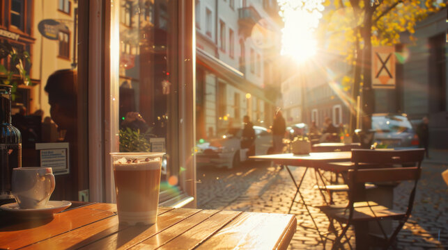 a sunny morning sitting at a window peering out on a street in the heart of Frankfurt. Outside the window is cafe-style