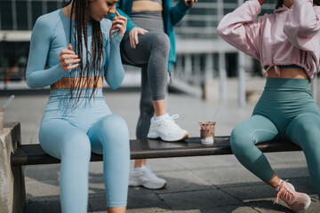 Two fit women in athletic wear resting and enjoying smoothies during an urban workout session.