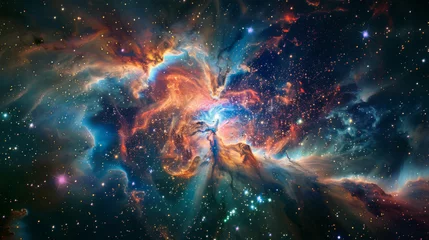 Zelfklevend Fotobehang Supernova explode space, cosmos, blue pink green colors, lot of stars everywhere © Alina Tymofieieva