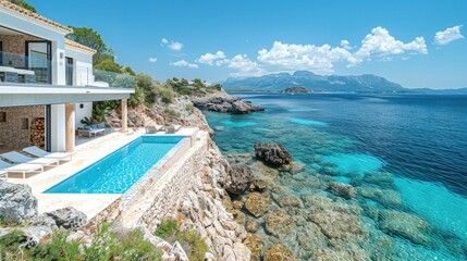 the villa, beach and blue lagoon overlooking a beautiful white and beige, light sky-blue and gold, vacation - obrazy, fototapety, plakaty